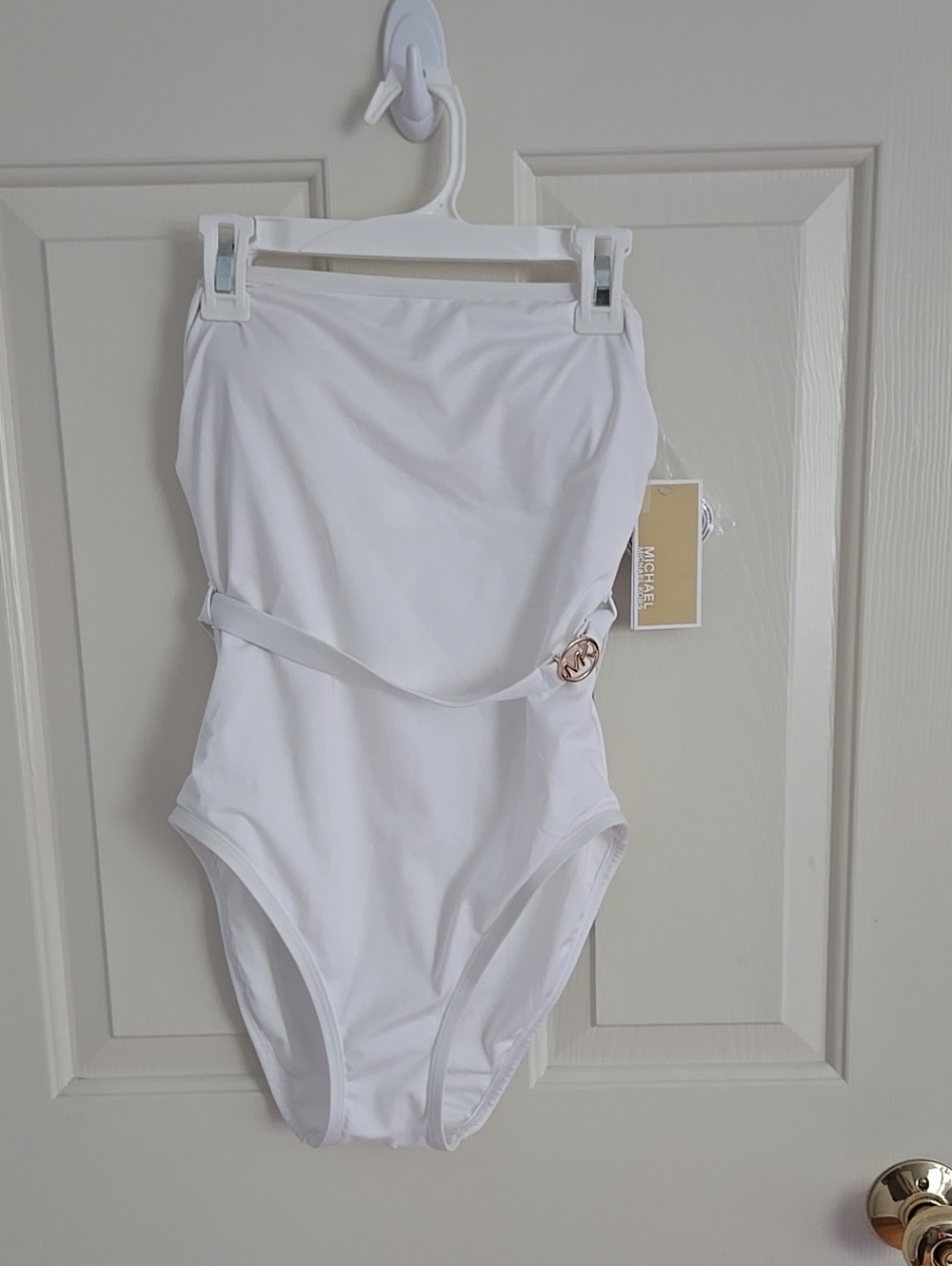 Michael Kors White Strapless One-Piece Swimsuit with Gold Logo